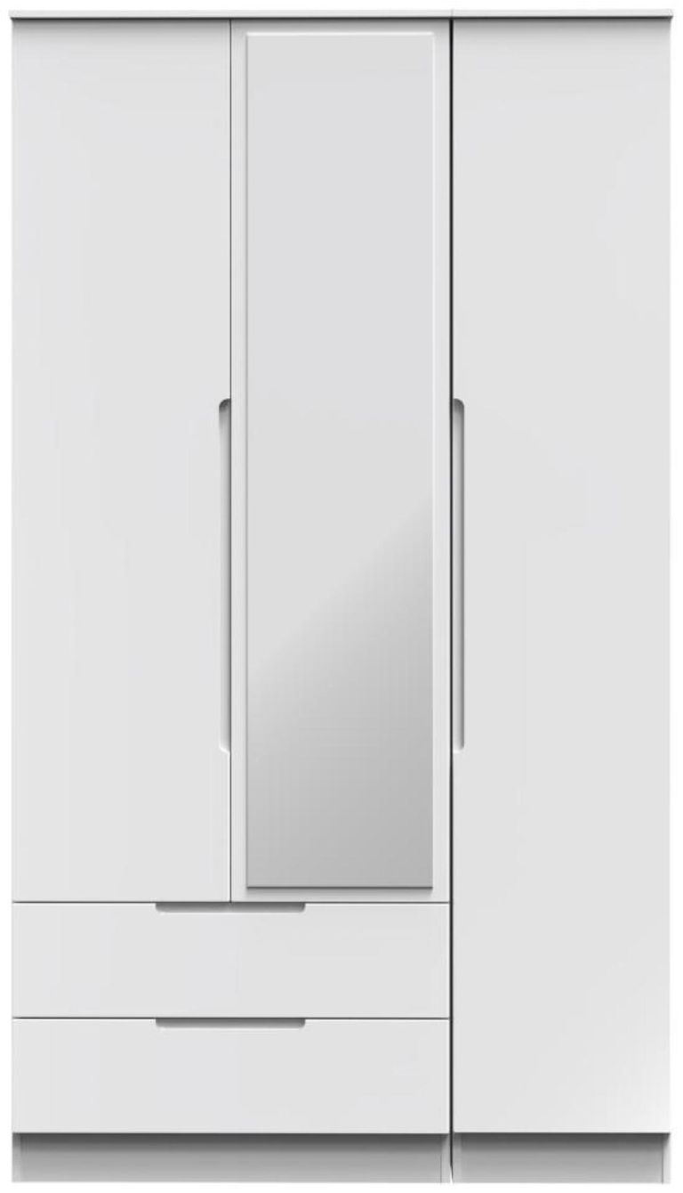 Milan White Gloss 3 Door Tall Combi Wardrobe - 1 Mirror and LHF 2 Drawers