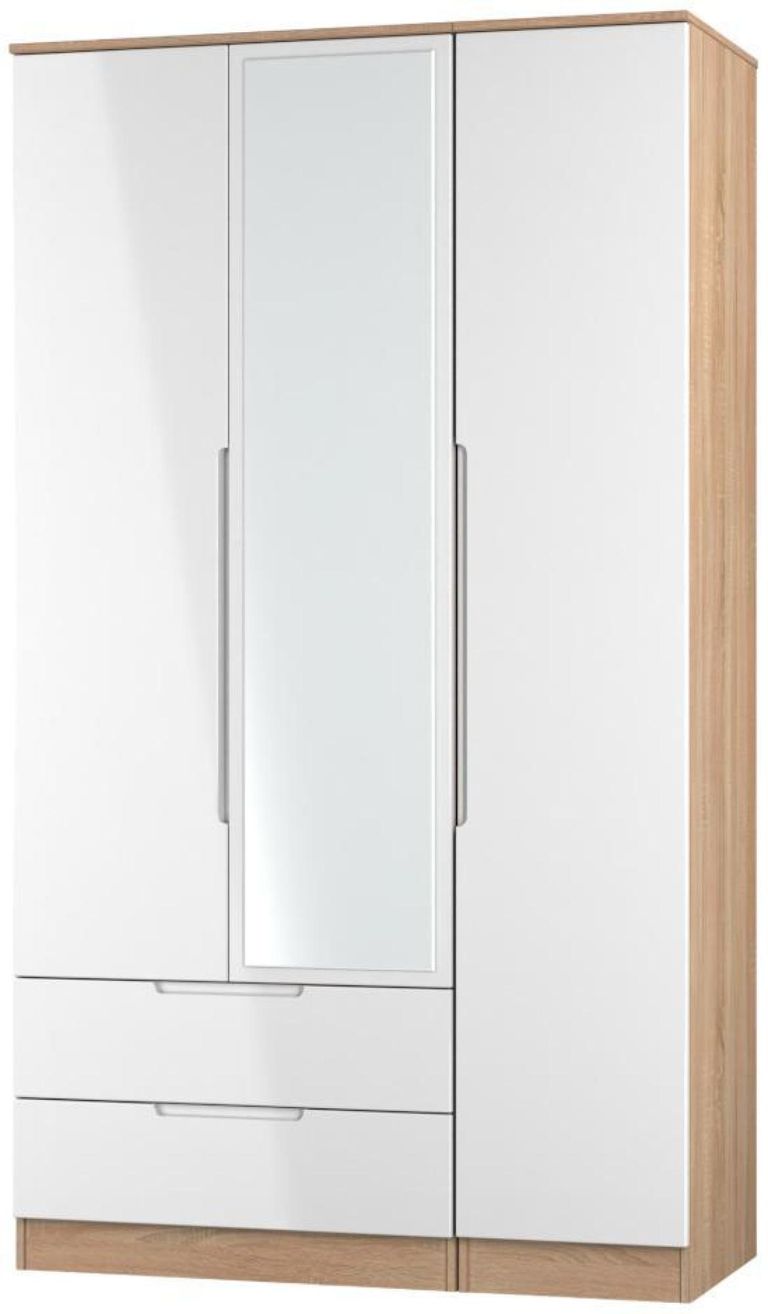 Milan White Gloss and Oak Effect 3 Door Tall Combi Wardrobe - 1 Mirror and LHF 2 Drawers