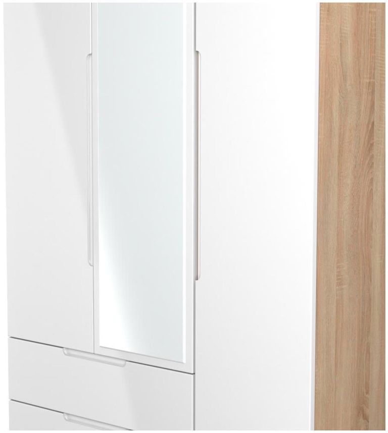 Milan White Gloss and Oak Effect 3 Door Tall Combi Wardrobe - 1 Mirror and LHF 2 Drawers