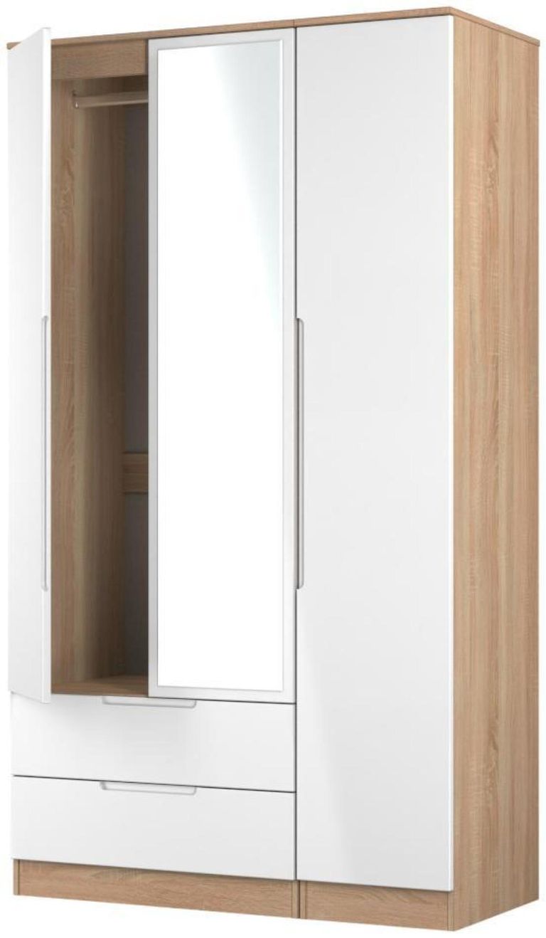 Milan White Gloss and Oak Effect 3 Door Tall Combi Wardrobe - 1 Mirror and LHF 2 Drawers