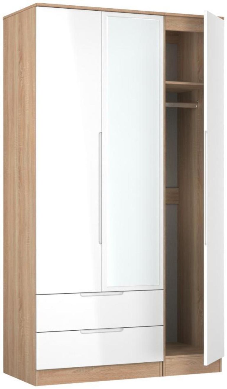 Milan White Gloss and Oak Effect 3 Door Tall Combi Wardrobe - 1 Mirror and LHF 2 Drawers