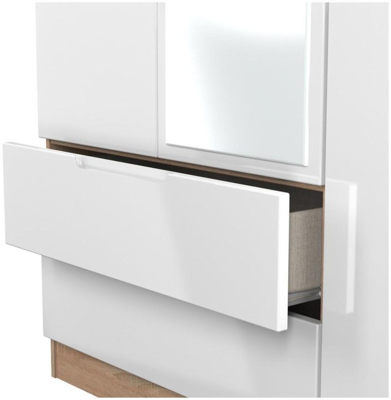 Milan White Gloss and Oak Effect 3 Door Tall Combi Wardrobe - 1 Mirror and LHF 2 Drawers