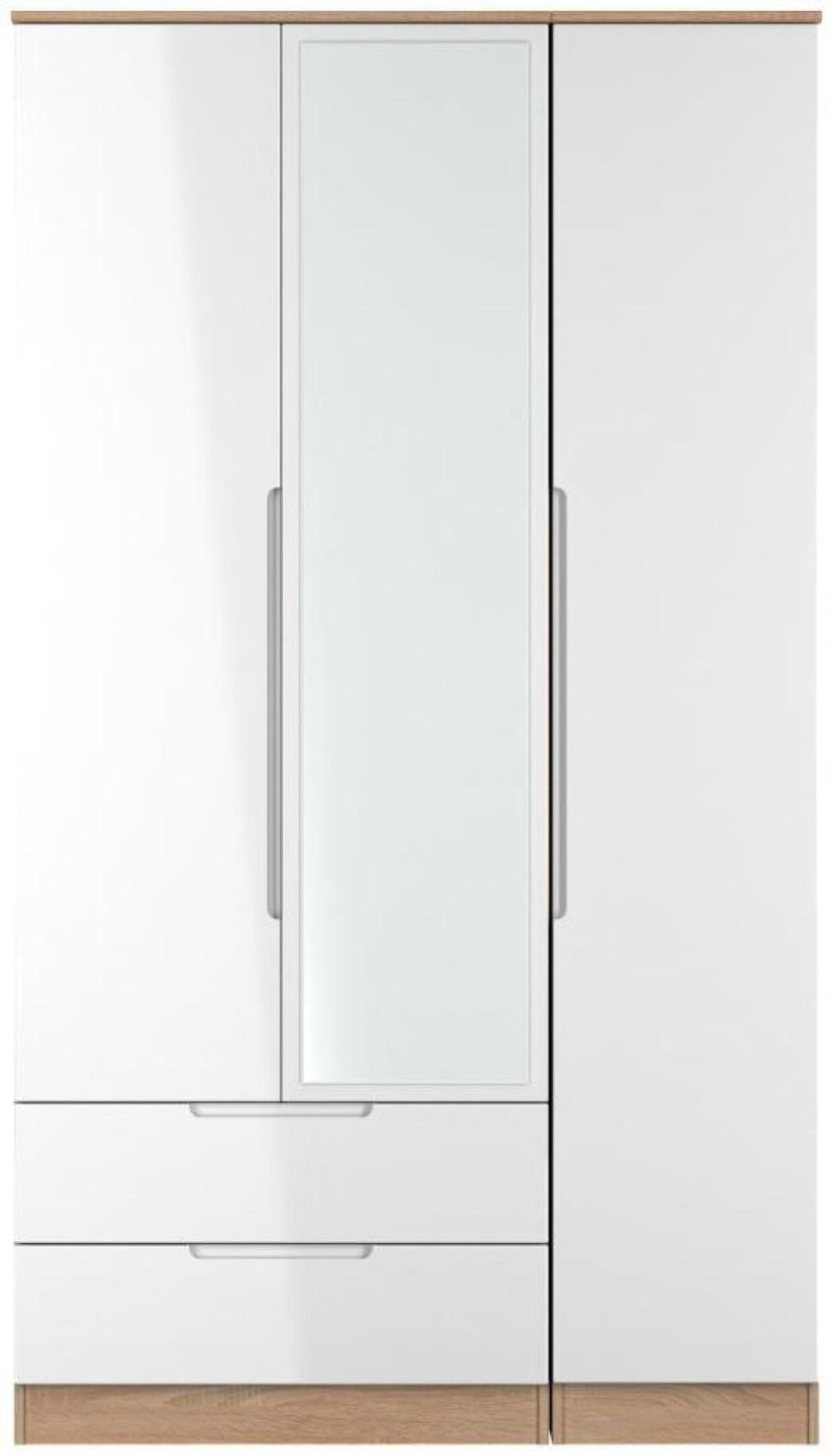 Milan White Gloss and Oak Effect 3 Door Tall Combi Wardrobe - 1 Mirror and LHF 2 Drawers