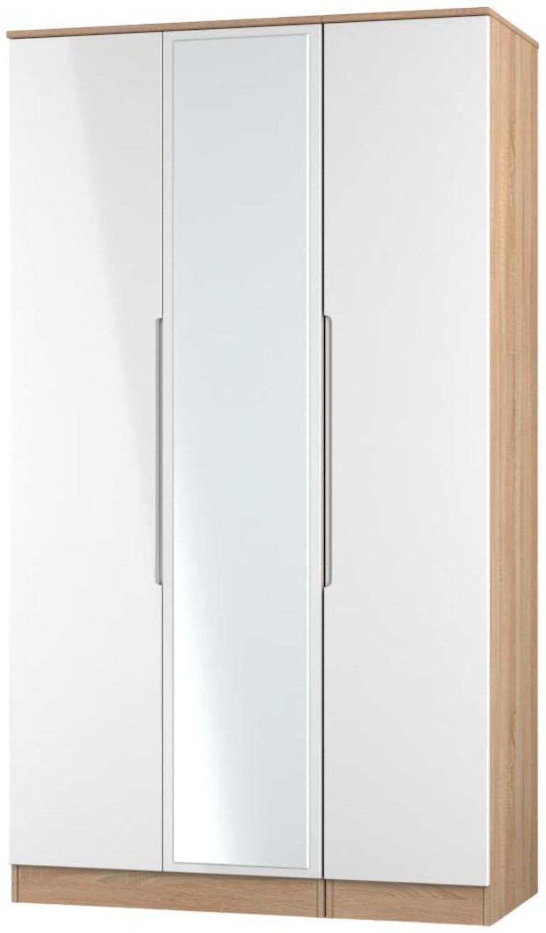 Milan White Gloss and Oak Effect 3 Door Tall Triple Wardrobe - 1 Mirror