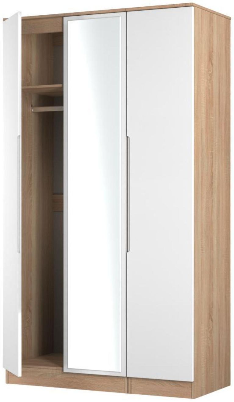 Milan White Gloss and Oak Effect 3 Door Tall Triple Wardrobe - 1 Mirror