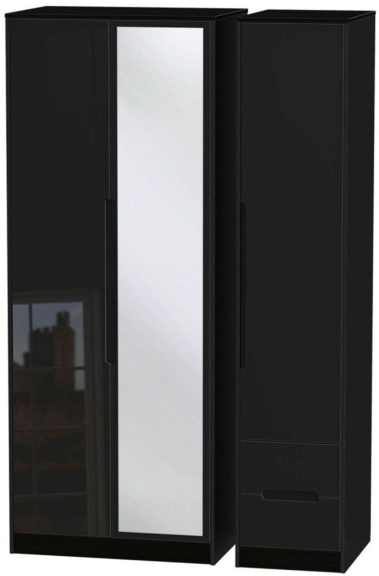 Monaco Black Gloss 3 Door Tall Combi Wardrobe - 1 Mirror and RHF 2 Drawers