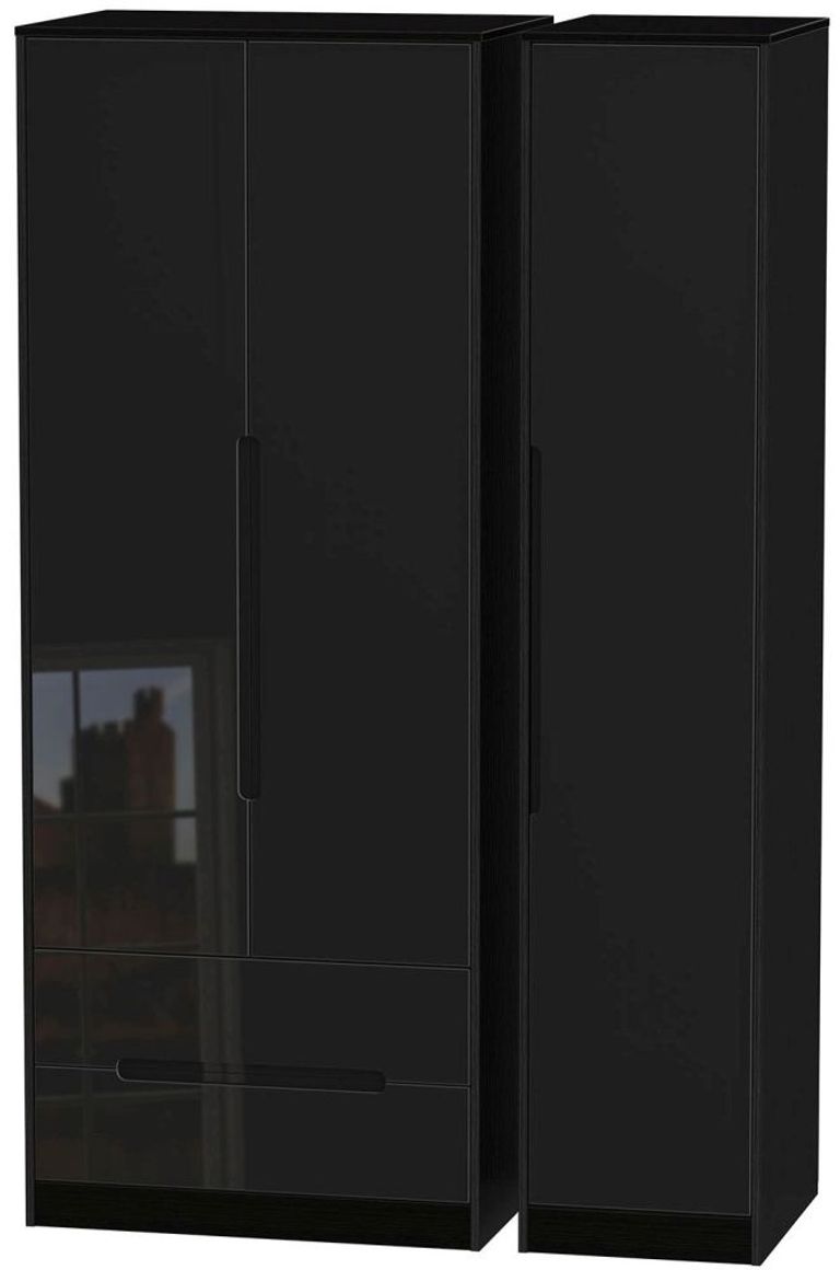 Monaco Black Gloss 3 Door Tall Triple Wardrobe - LHF 2 Drawers