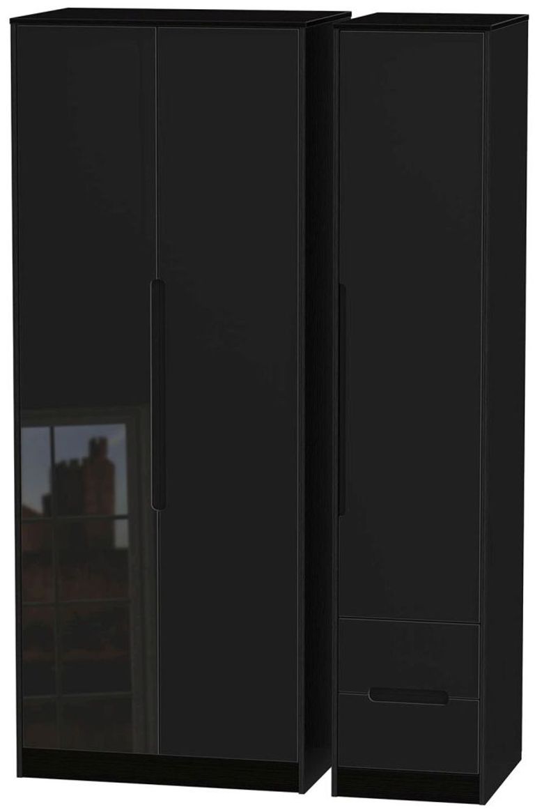Monaco Black Gloss 3 Door Tall Triple Wardrobe - RHF 2 Drawers