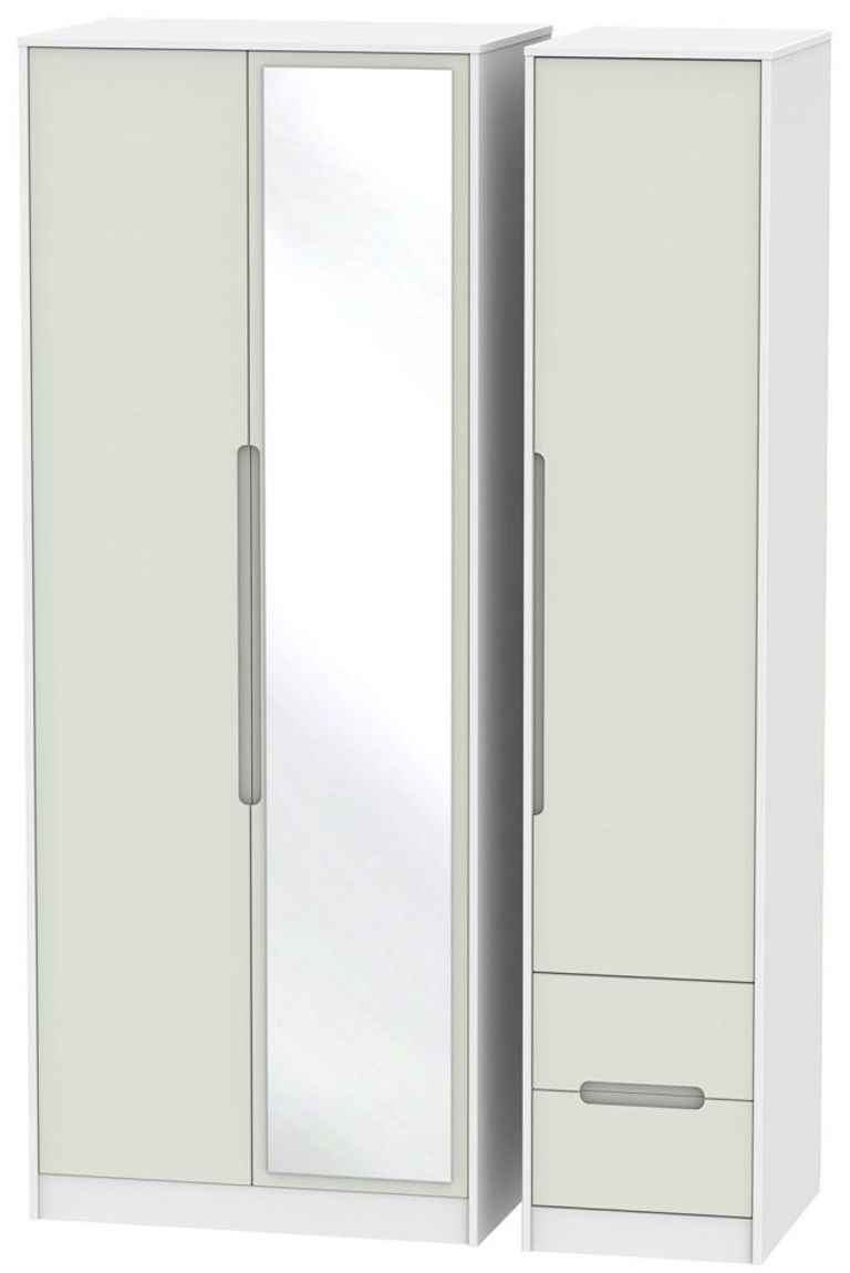 Monaco Cashmere and White 3 Door Tall Combi Wardrobe - 1 Mirror and RHF 2 Drawers