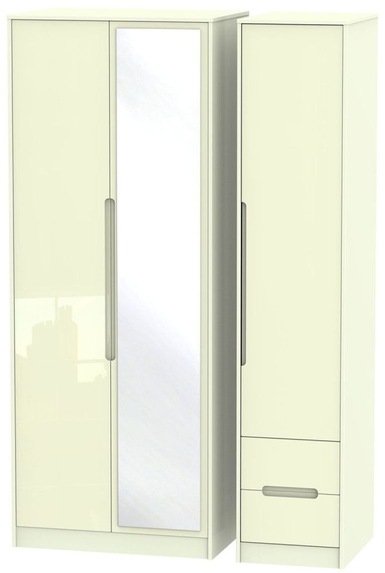 Monaco Cream Gloss 3 Door Tall Combi Wardrobe - 1 Mirror and RHF 2 Drawers