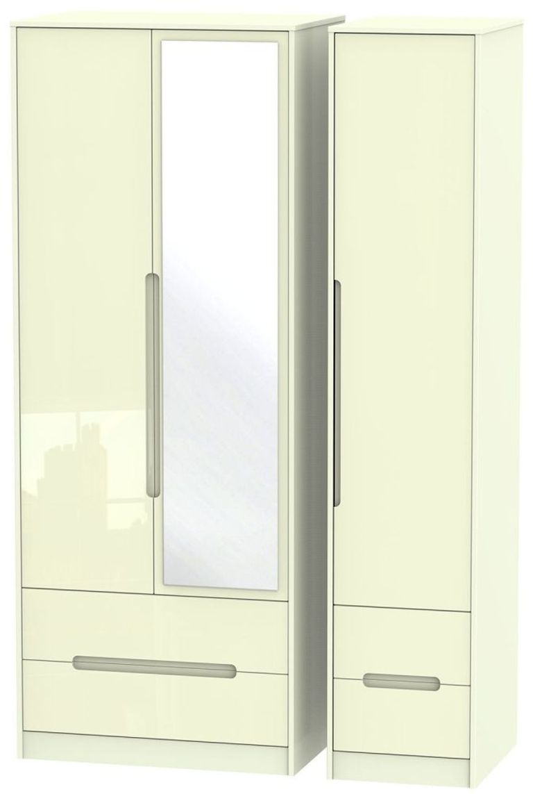Monaco Cream Gloss 3 Door Tall Combi Wardrobe - 1 Mirror