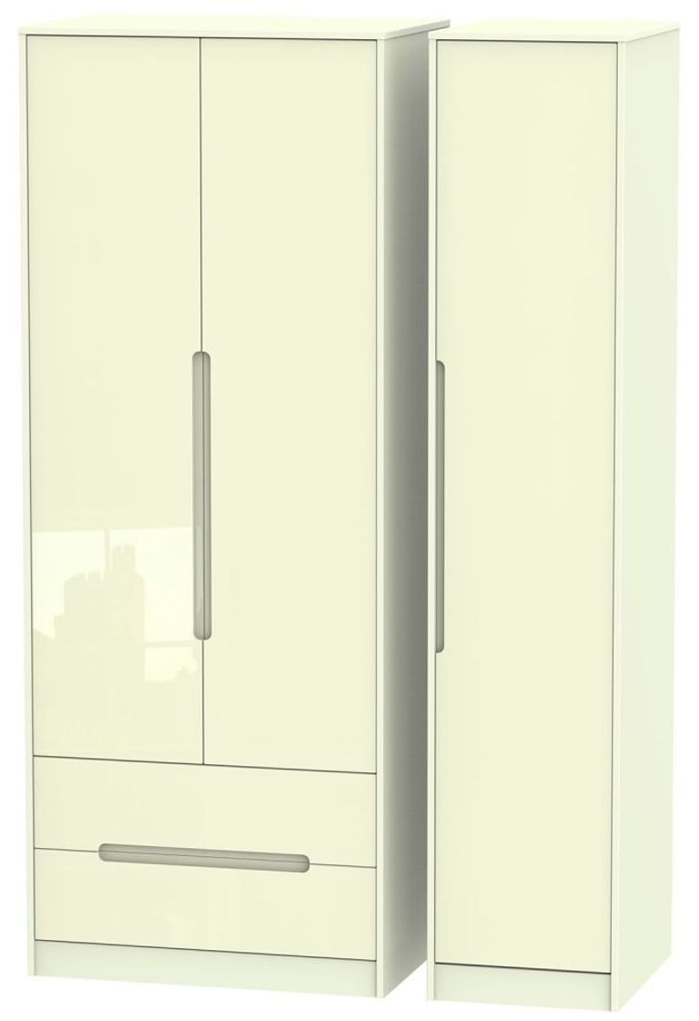 Monaco Cream Gloss 3 Door Tall Triple Wardrobe - LHF 2 Drawers