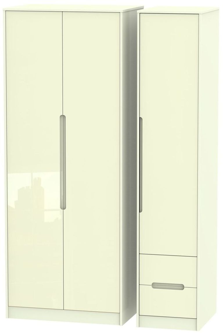 Monaco Cream Gloss 3 Door Tall Triple Wardrobe - RHF 2 Drawers