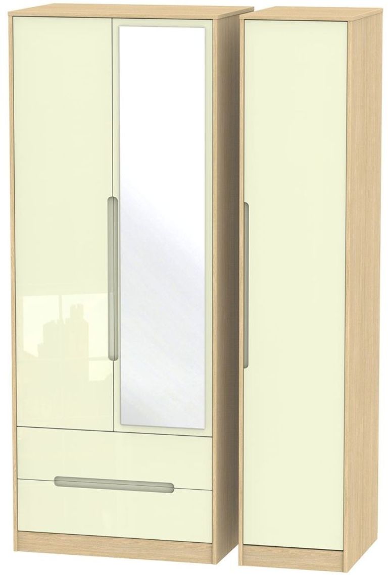 Monaco Cream Gloss and Light Oak 3 Door Tall Combi Wardrobe - 1 Mirror and LHF 2 Drawers