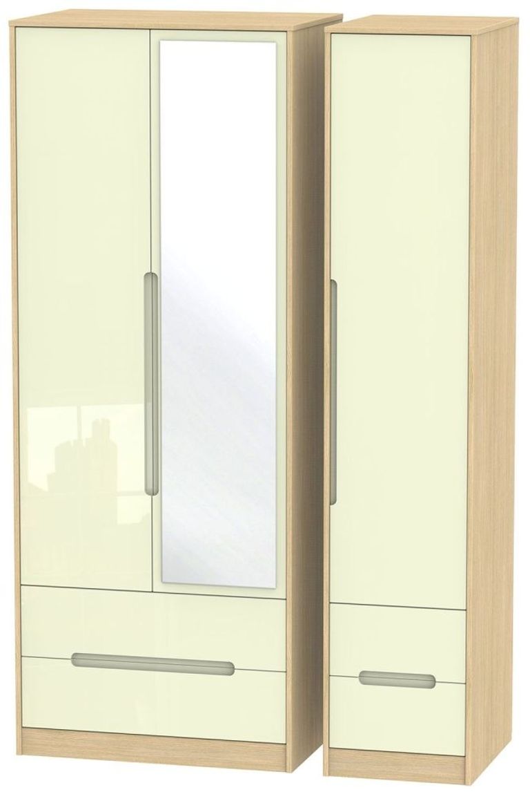 Monaco Cream Gloss and Light Oak 3 Door Tall Combi Wardrobe - 1 Mirror