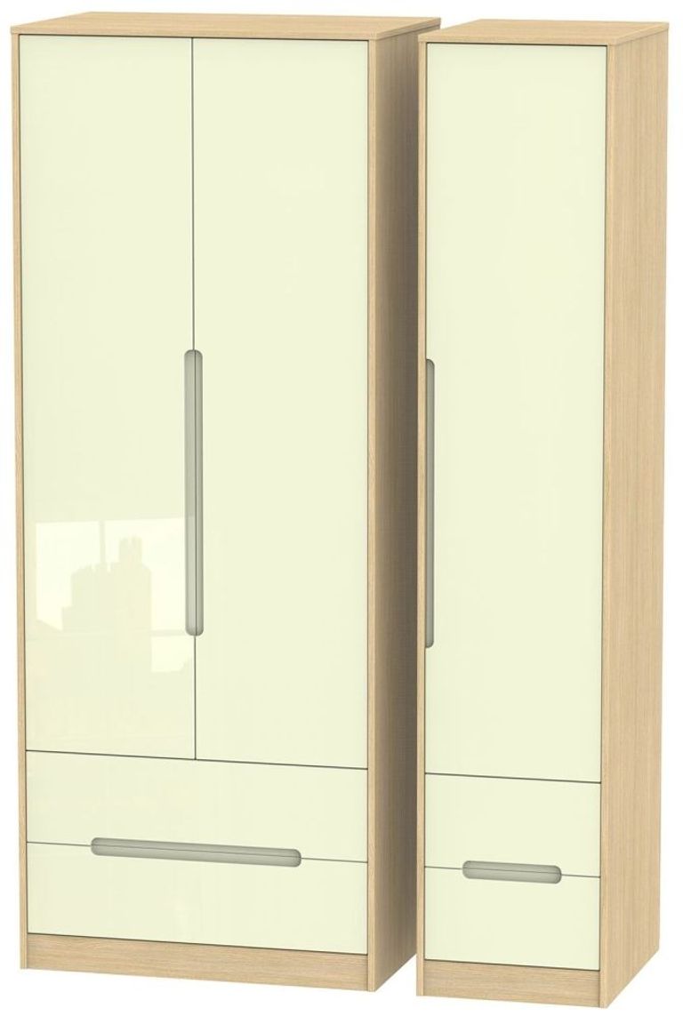 Monaco Cream Gloss and Light Oak 3 Door Tall Triple Wardrobe - 4 Drawers