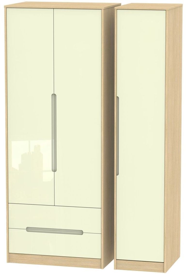 Monaco Cream Gloss and Light Oak 3 Door Tall Triple Wardrobe - LHF 2 Drawers