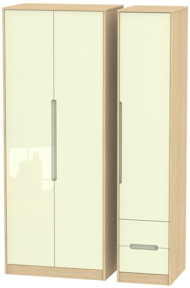 Monaco Cream Gloss and Light Oak 3 Door Tall Triple Wardrobe - RHF 2 Drawers