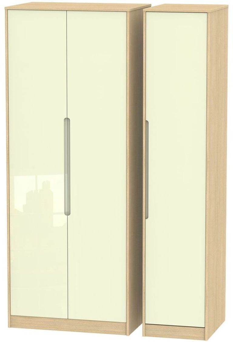 Monaco Cream Gloss and Light Oak 3 Door Tall Triple Wardrobe