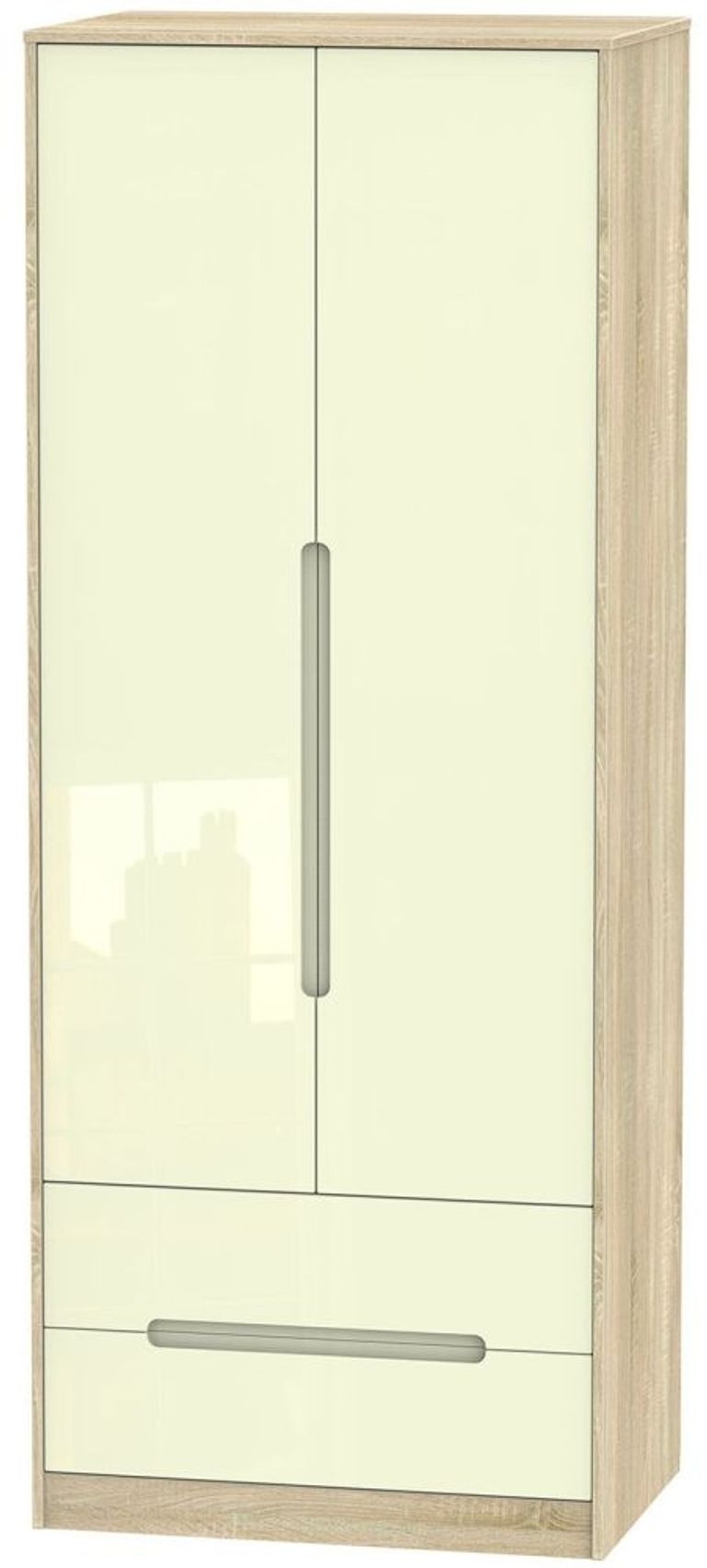 Monaco Cream Gloss and Oak Effect 2 Door 2 Drawer Tall Wardrobe