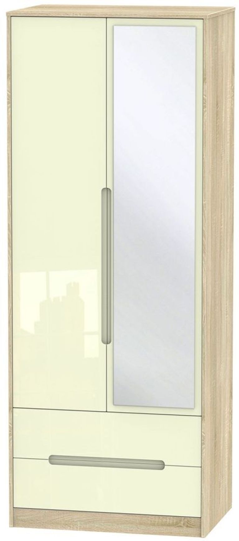 Monaco Cream Gloss and Oak Effect 2 Door Tall Combi Wardrobe - 1 Mirror