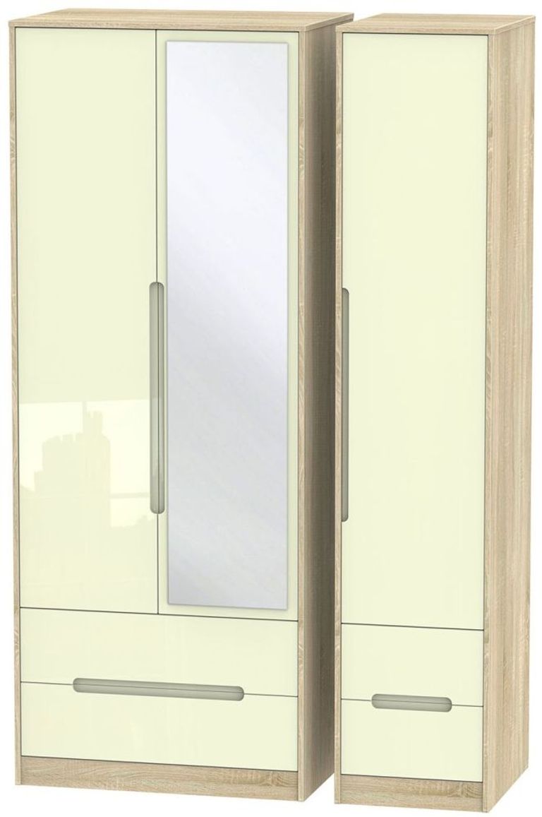Monaco Cream Gloss and Oak Effect 3 Door Tall Combi Wardrobe - 1 Mirror
