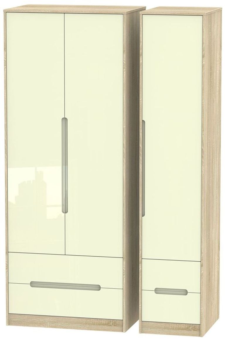 Monaco Cream Gloss and Oak Effect 3 Door Tall Triple Wardrobe - 4 Drawers