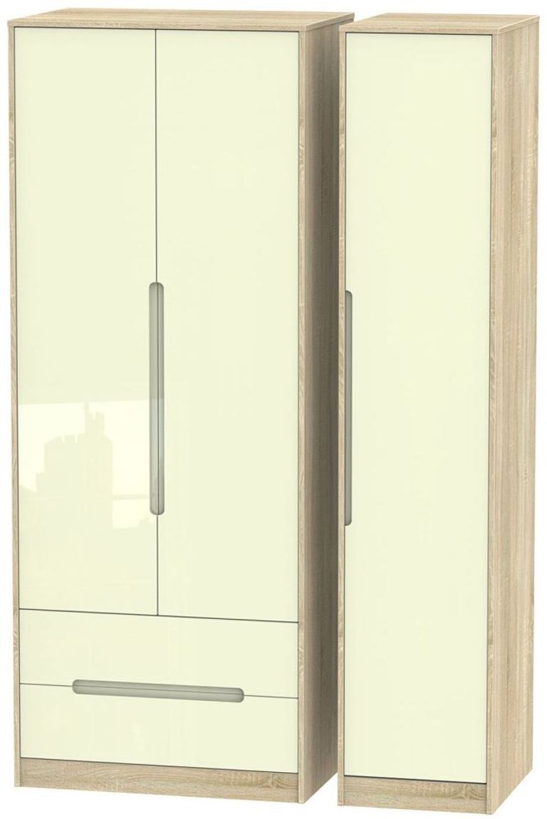 Monaco Cream Gloss and Oak Effect 3 Door Tall Triple Wardrobe - LHF 2 Drawers