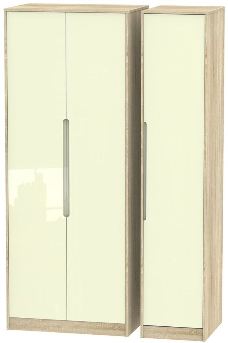 Monaco Cream Gloss and Oak Effect 3 Door Tall Triple Wardrobe