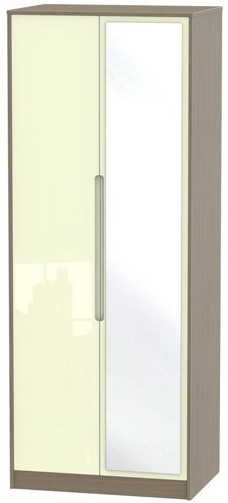 Monaco Cream Gloss and Toronto Walnut 2 Door Tall Wardrobe - 1 Mirror