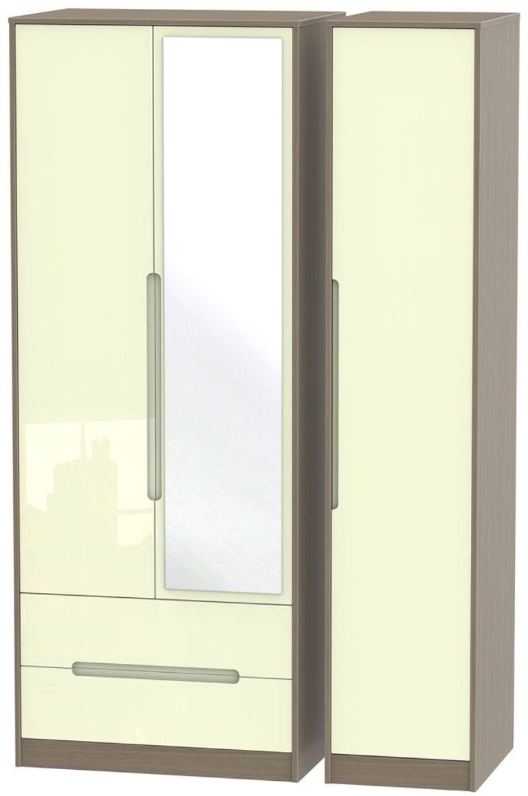 Monaco Cream Gloss and Toronto Walnut 3 Door Tall Combi Wardrobe - 1 Mirror and LHF 2 Drawers