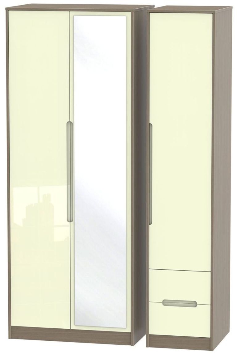 Monaco Cream Gloss and Toronto Walnut 3 Door Tall Combi Wardrobe - 1 Mirror and RHF 2 Drawers