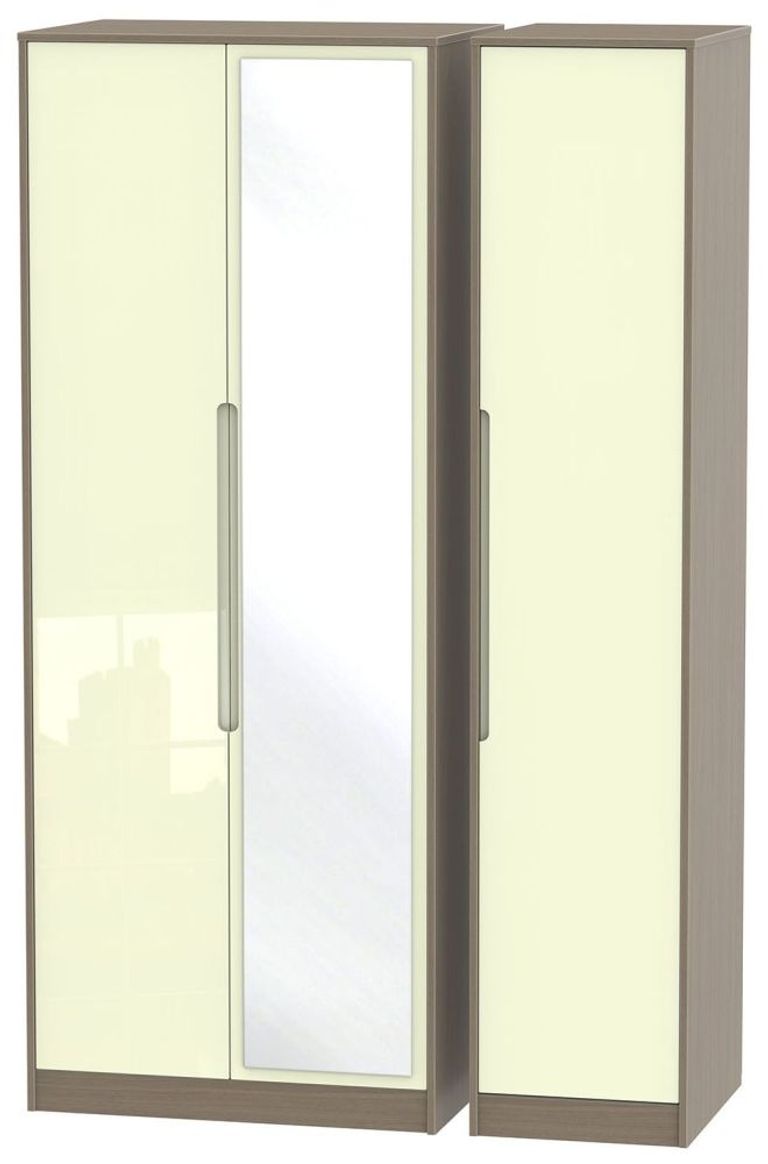 Monaco Cream Gloss and Toronto Walnut 3 Door Tall Triple Wardrobe - 1 Mirror