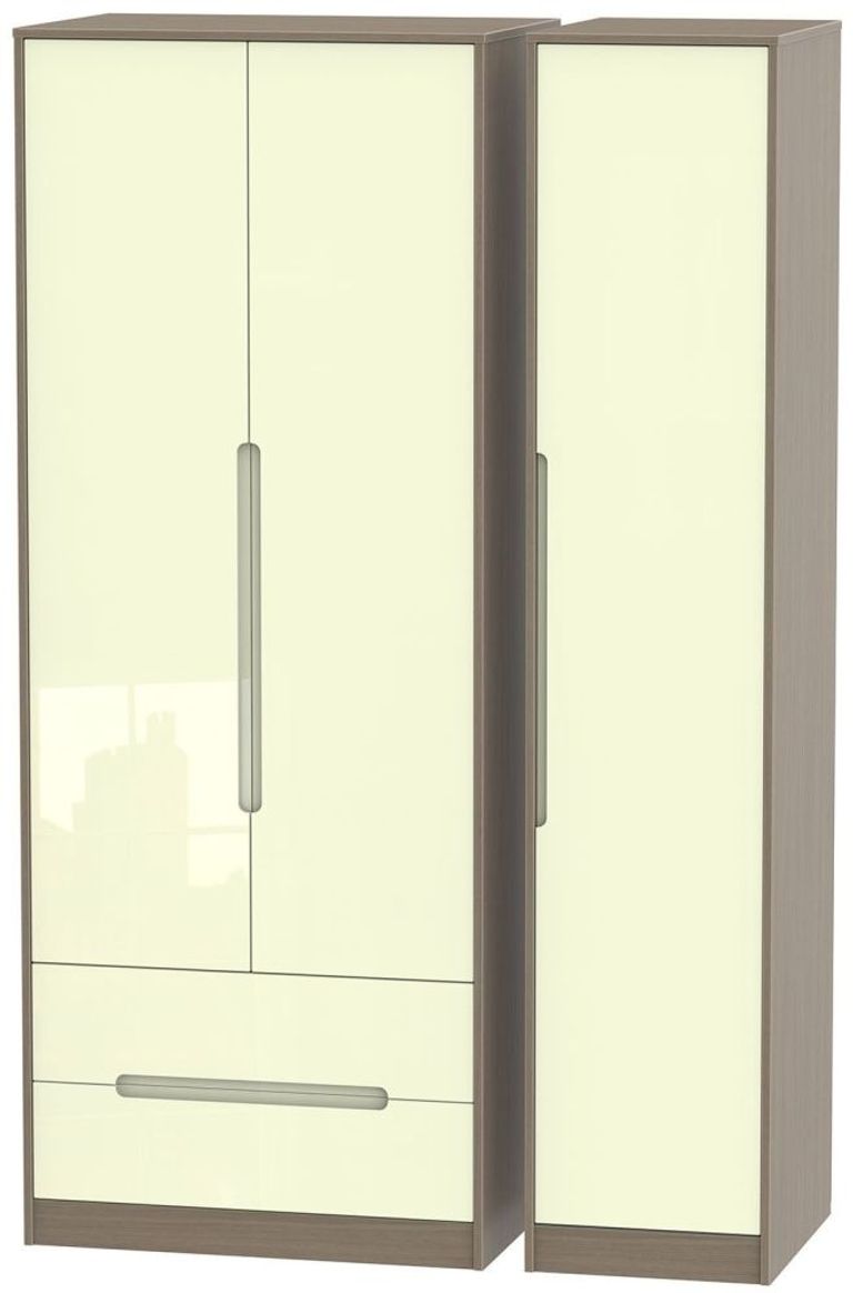 Monaco Cream Gloss and Toronto Walnut 3 Door Tall Triple Wardrobe - LHF 2 Drawers