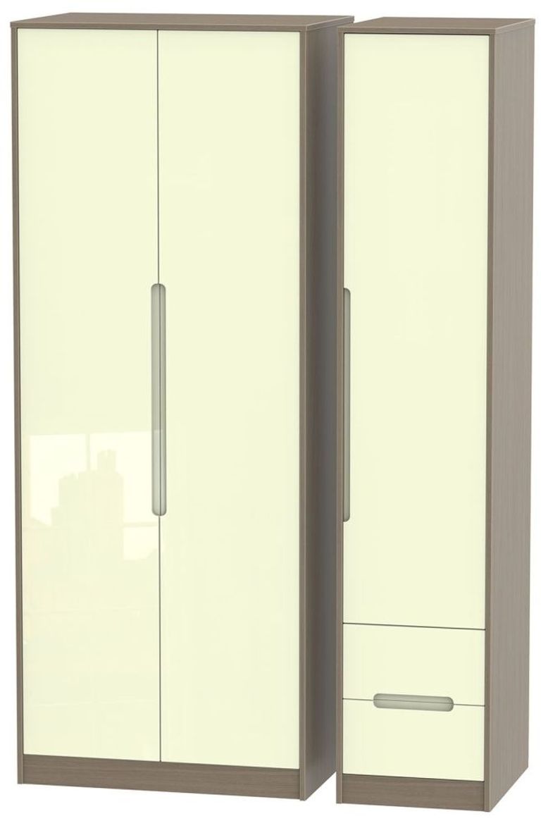 Monaco Cream Gloss and Toronto Walnut 3 Door Tall Triple Wardrobe - RHF 2 Drawers