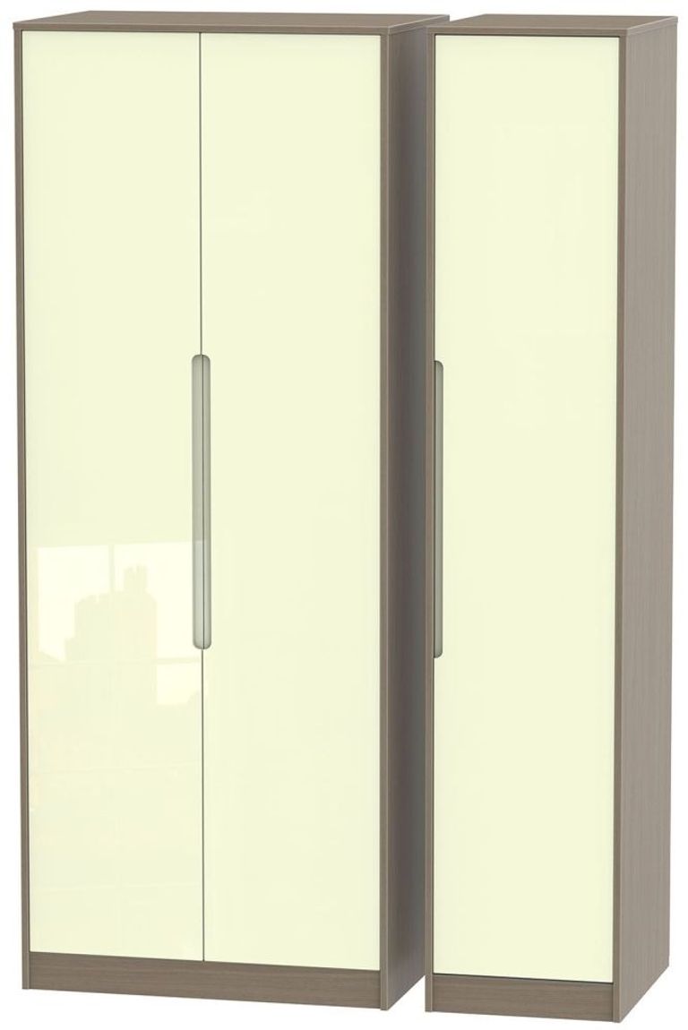Monaco Cream Gloss and Toronto Walnut 3 Door Tall Triple Wardrobe