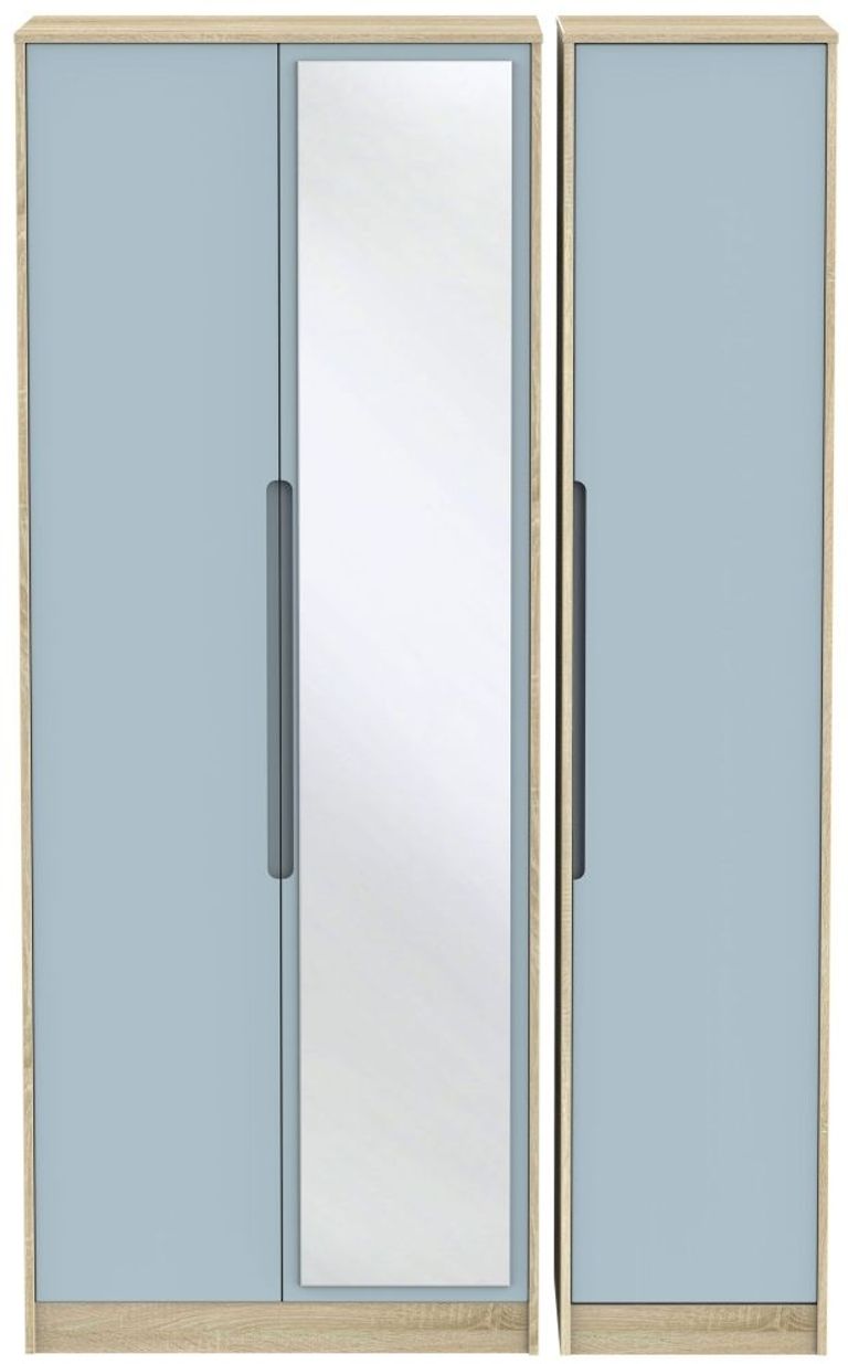 Monaco Denim and Oak Effect 3 Door Tall Triple Wardrobe - 1 Mirror