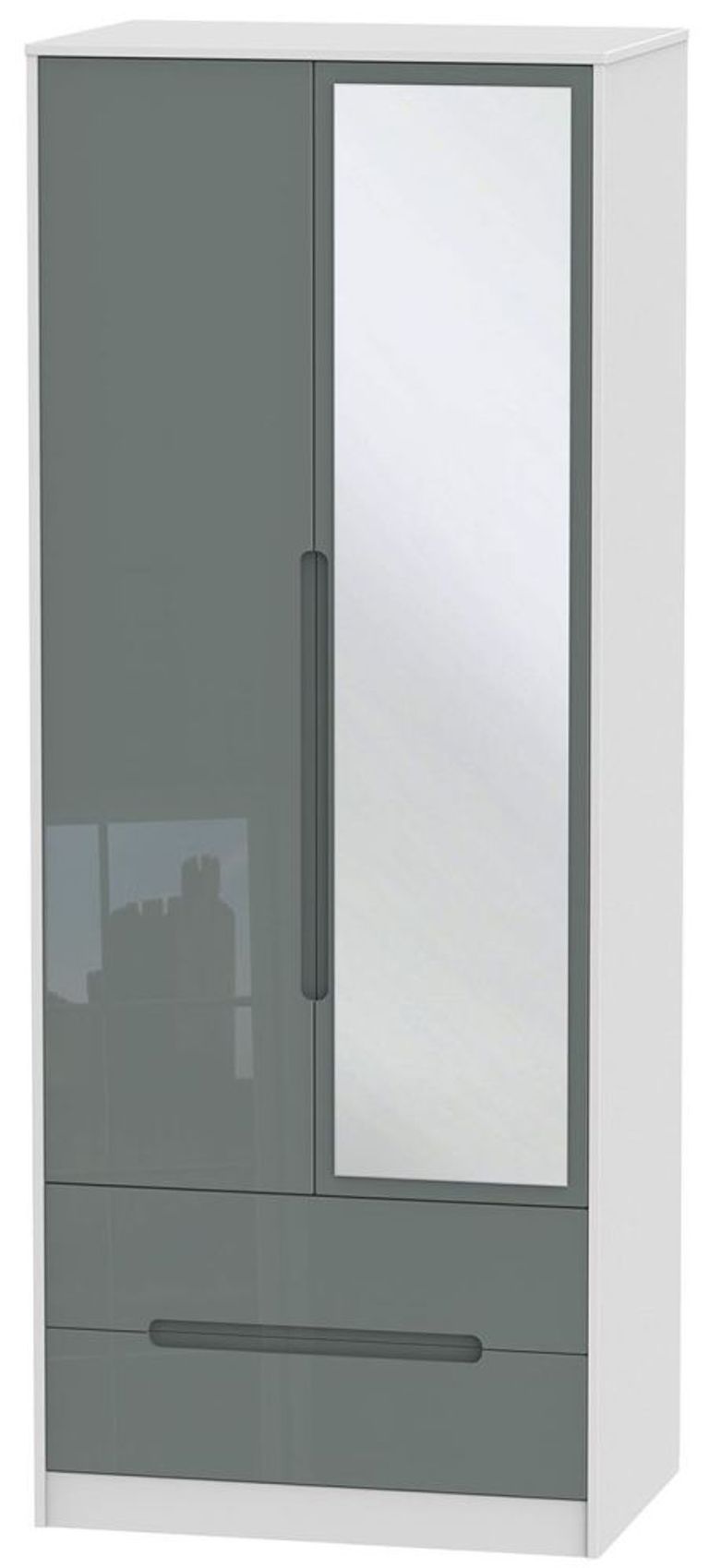 Monaco Grey Gloss and White 2 Door Tall Combi Wardrobe - 1 Mirror