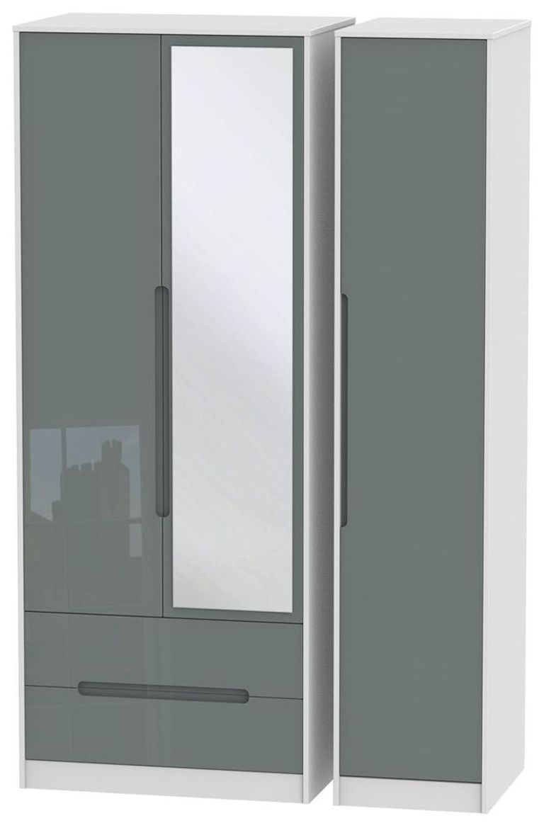 Monaco Grey Gloss and White 3 Door Tall Combi Wardrobe - 1 Mirror and LHF 2 Drawers