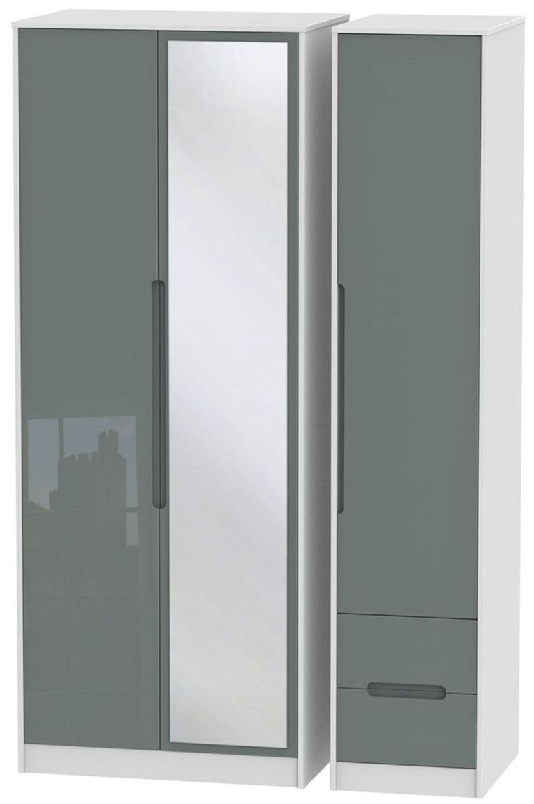 Monaco Grey Gloss and White 3 Door Tall Combi Wardrobe - 1 Mirror and RHF 2 Drawers
