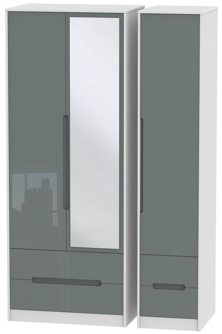 Monaco Grey Gloss and White 3 Door Tall Combi Wardrobe - 1 Mirror
