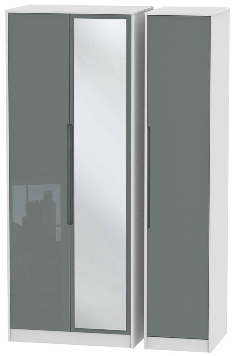 Monaco Grey Gloss and White 3 Door Tall Triple Wardrobe - 1 Mirror
