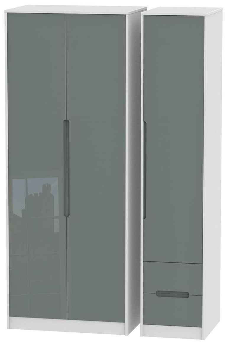 Monaco Grey Gloss and White 3 Door Tall Triple Wardrobe - RHF 2 Drawers