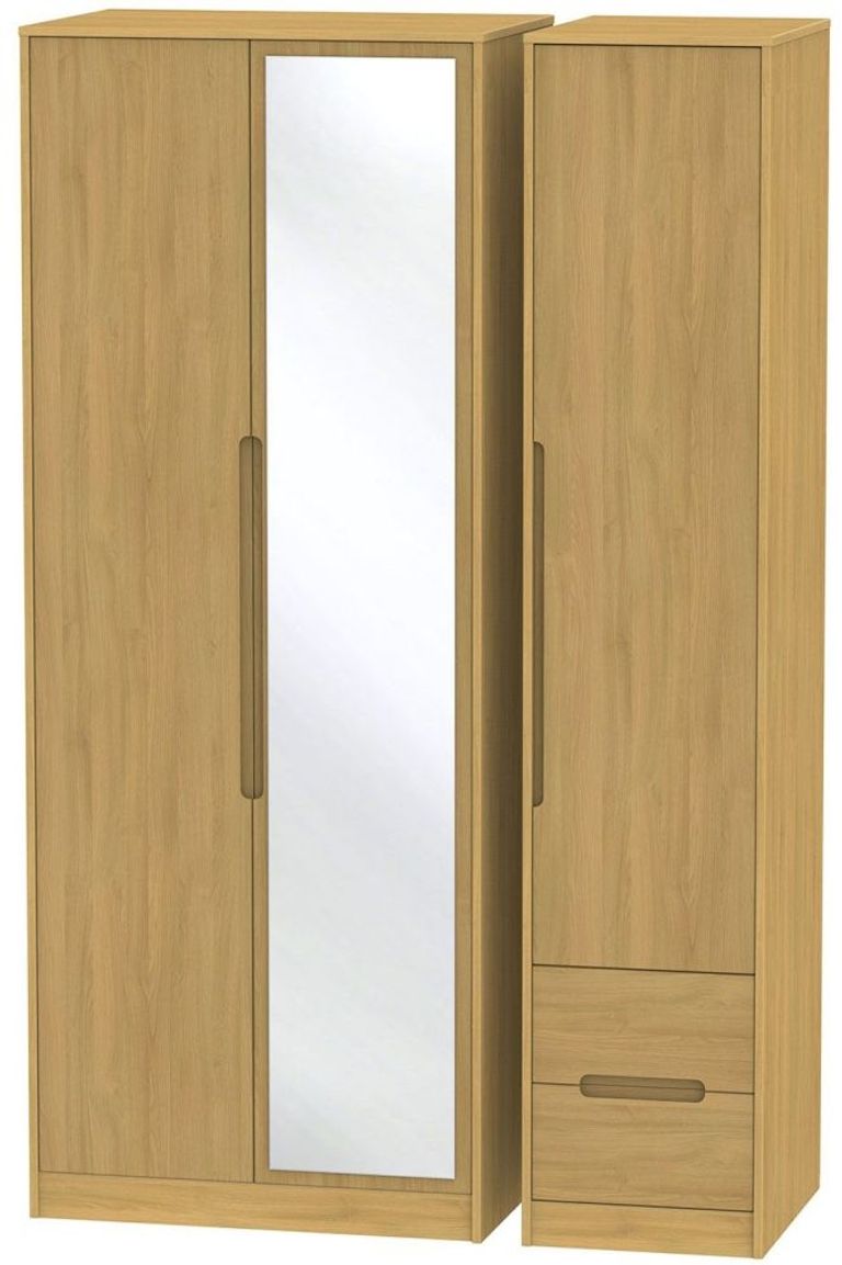 Monaco Modern Oak 3 Door Tall Combi Wardrobe - 1 Mirror and RHF 2 Drawers