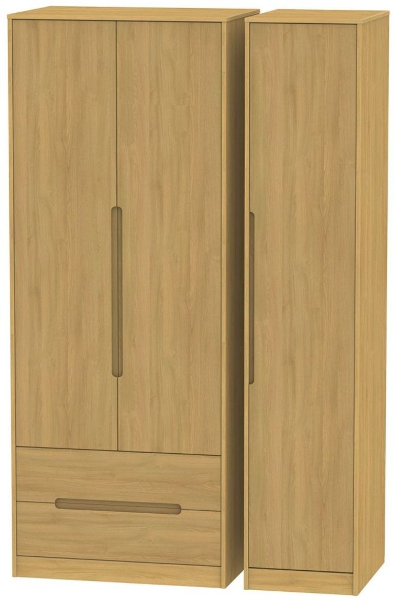 Monaco Modern Oak 3 Door Tall Triple Wardrobe - LHF 2 Drawers