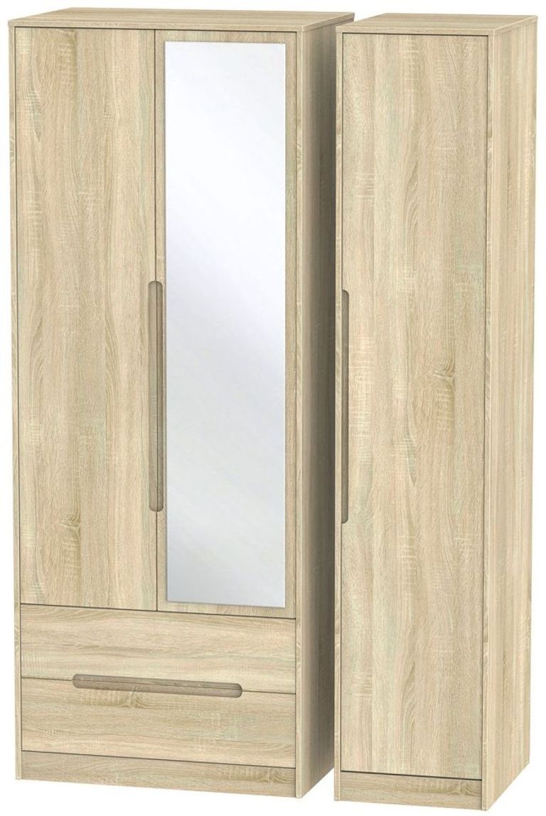 Monaco Oak Effect 3 Door Tall Combi Wardrobe - 1 Mirror and LHF 2 Drawers