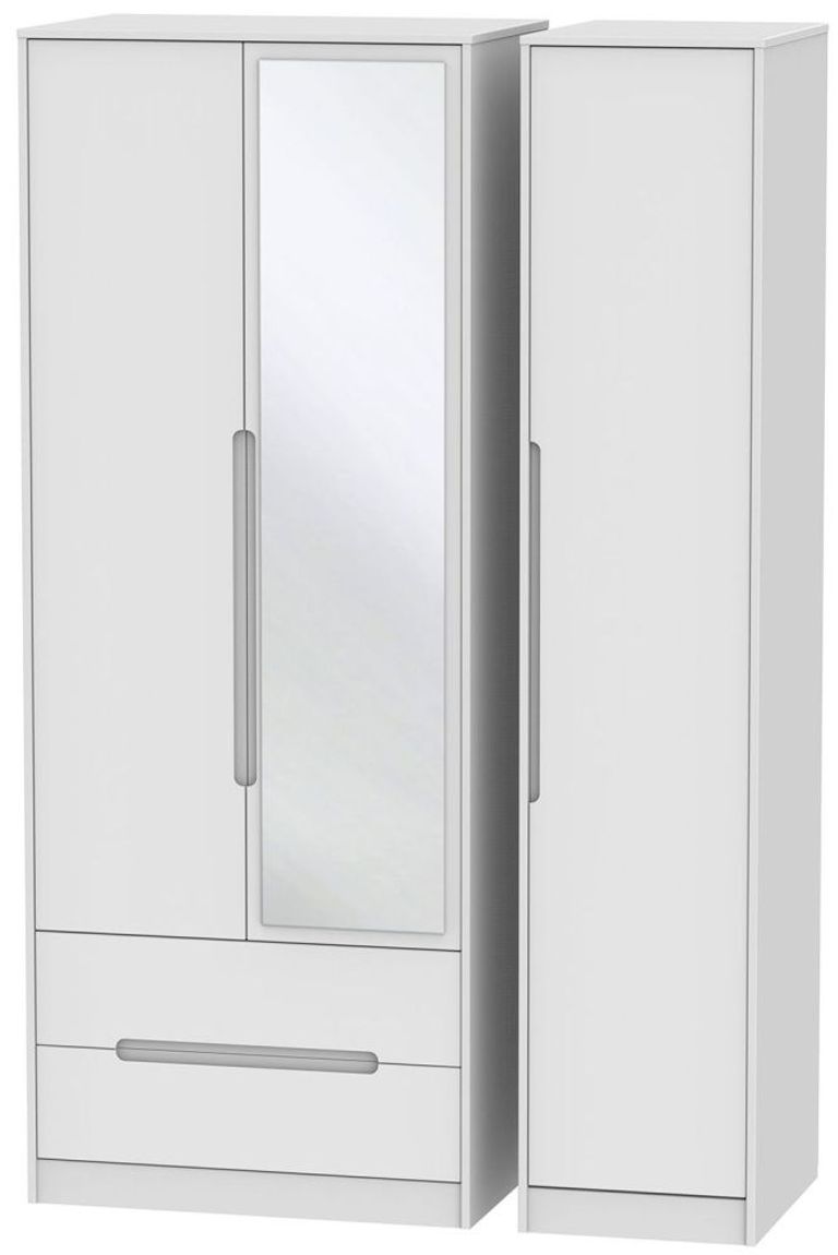 Monaco White 3 Door Tall Combi Wardrobe - 1 Mirror and LHF 2 Drawers