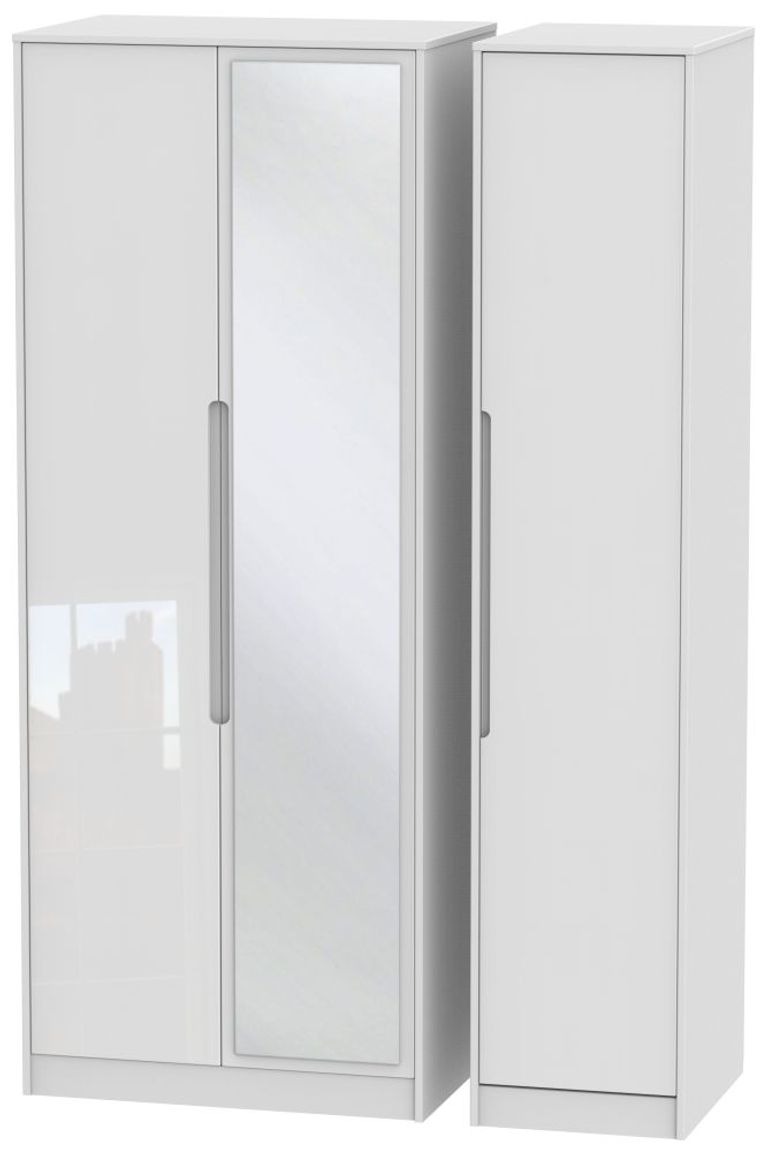 Monaco White Gloss 3 Door Tall Triple Wardrobe - 1 Mirror