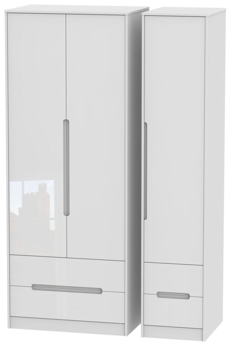 Monaco White Gloss 3 Door Tall Triple Wardrobe - 4 Drawers