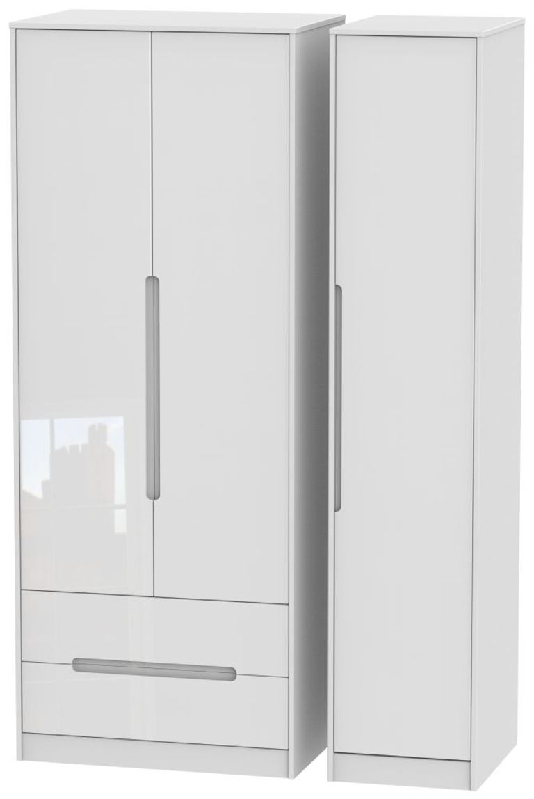 Monaco White Gloss 3 Door Tall Triple Wardrobe - LHF 2 Drawers